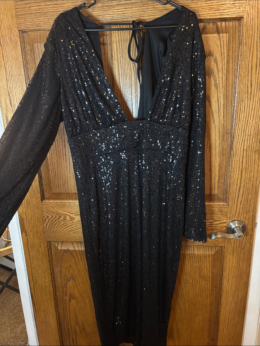 Black Sequin V-Neck Evening Dress